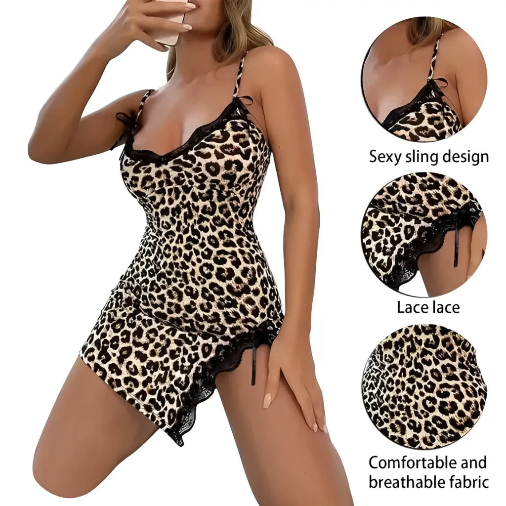Sexy Leopard Sleepwear Women's Lingerie Babydoll Lace Nightgowns With Straps Nightie Dress V-Neck Negligee Lounge Wear Day Night Wear