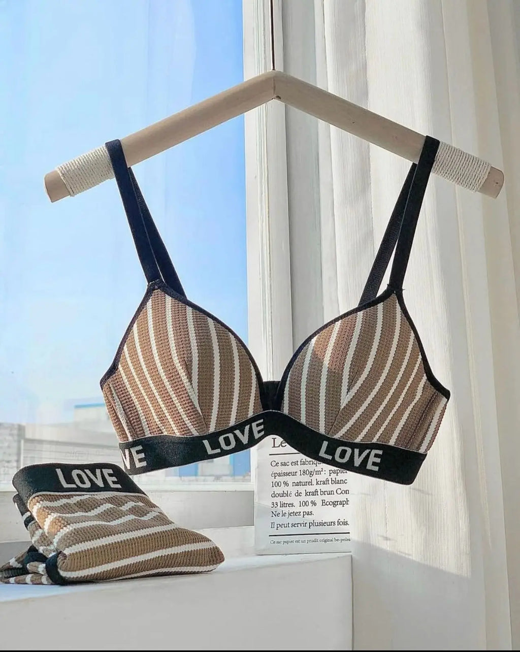 LOVE Striped Padded Bra & Panty Set – Black & White Day Night Wear