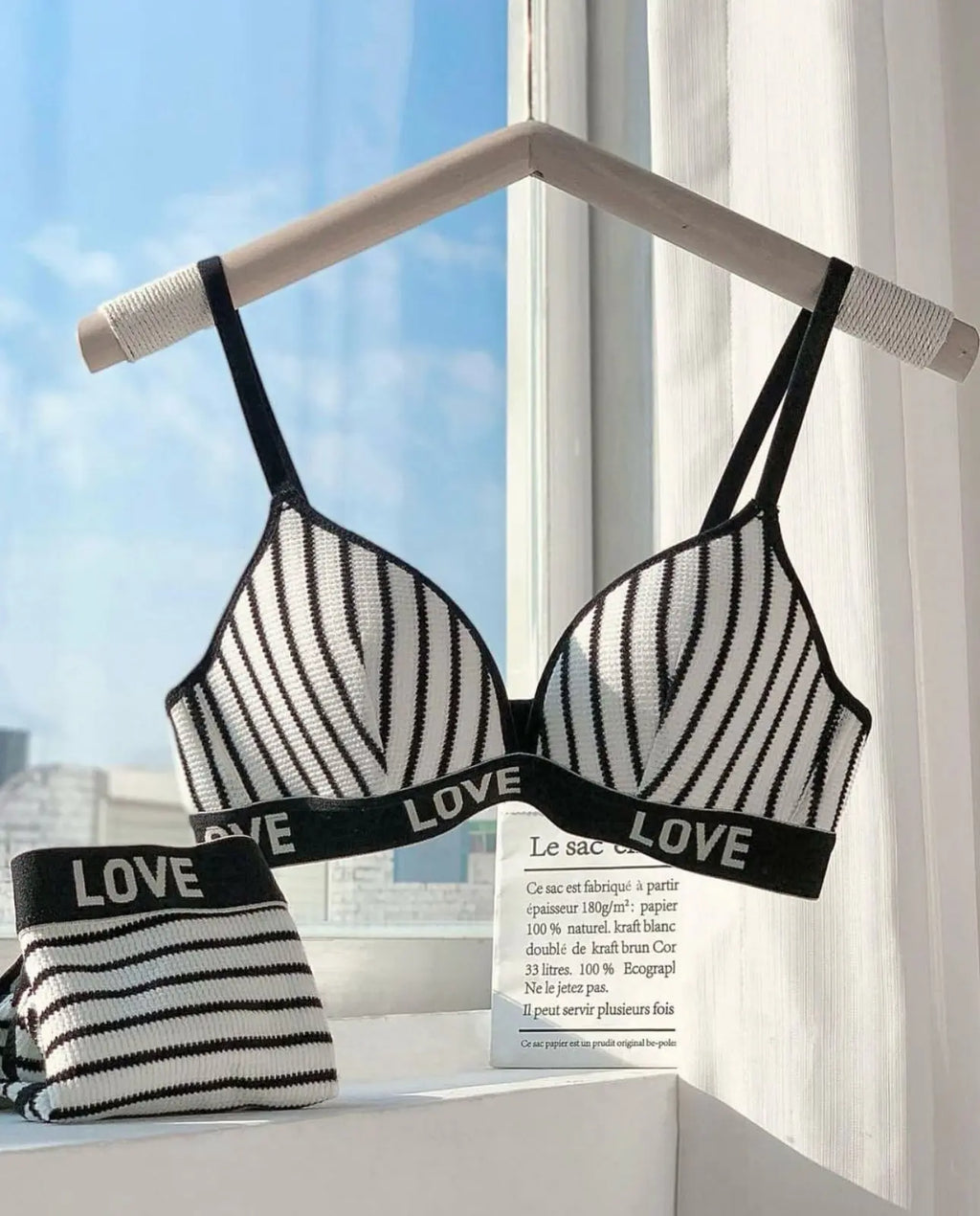 LOVE Striped Padded Bra & Panty Set – Black & White Day Night Wear